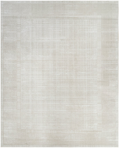 Rectangular beige woven rug with subtle darker border and linen texture.