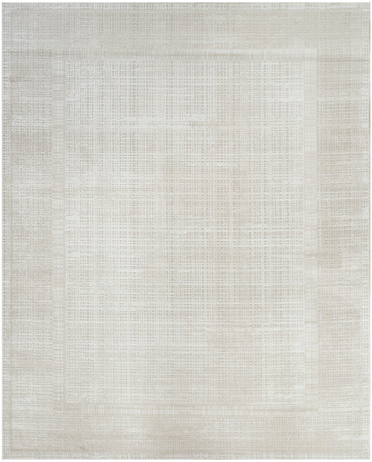 Rectangular beige woven rug with subtle darker border and linen texture.