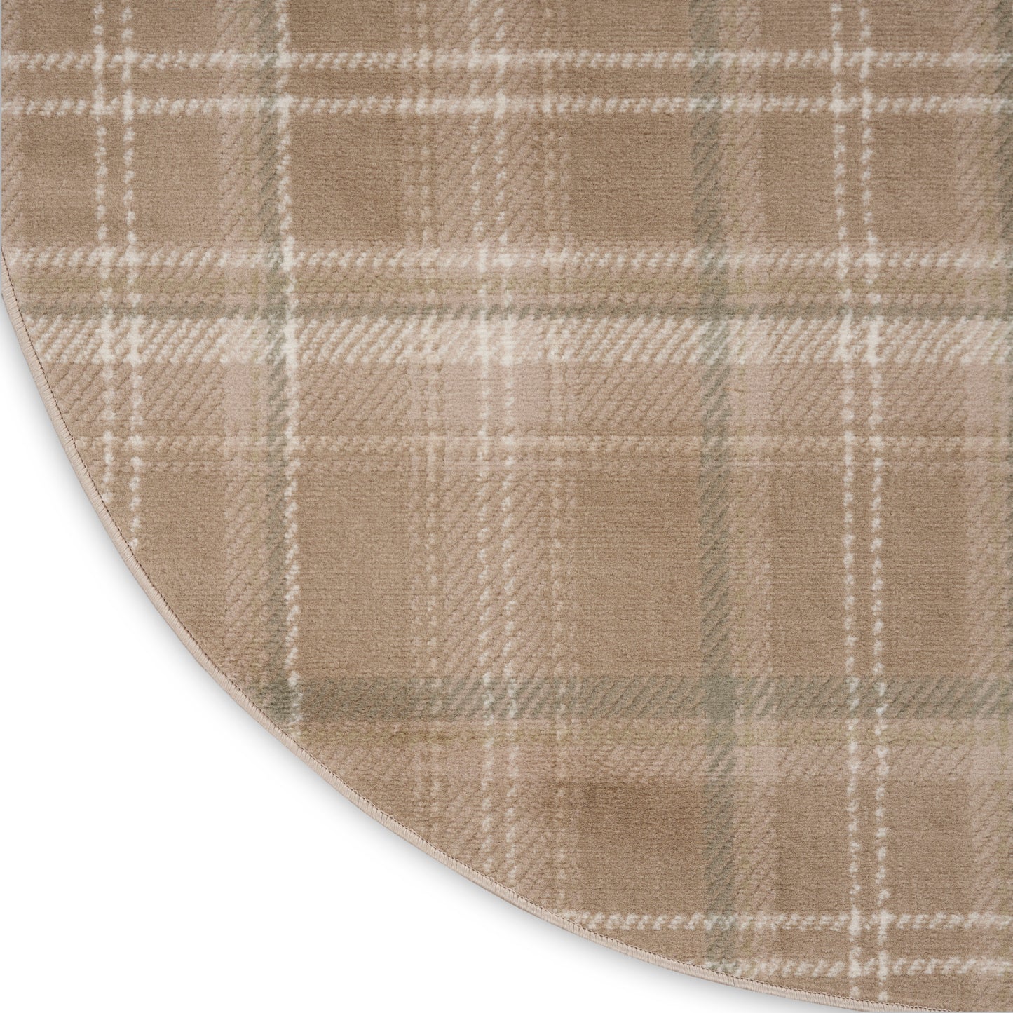 Beige plaid round rug with white and pale green lines; soft plush fabric and curved edge.