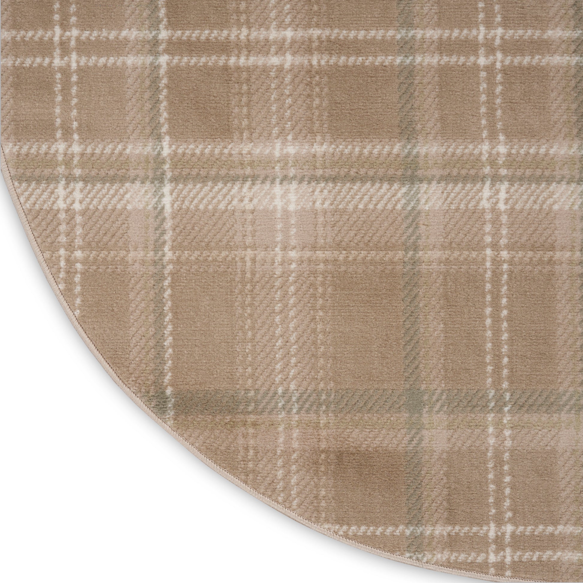 Beige plaid round rug with white and pale green lines; soft plush fabric and curved edge.