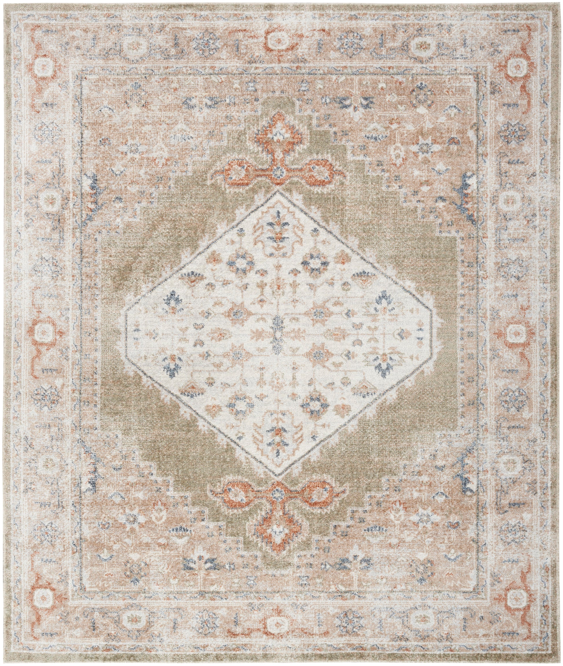 Vintage-style area rug with central white diamond medallion, ivory floral motifs in peach and blue, beige border.