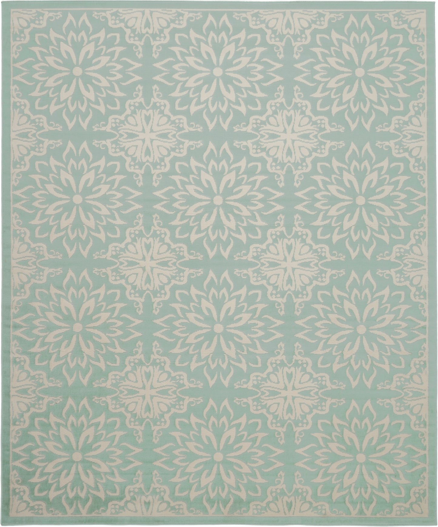Teal area rug with repeating ivory floral medallions and decorative border.
