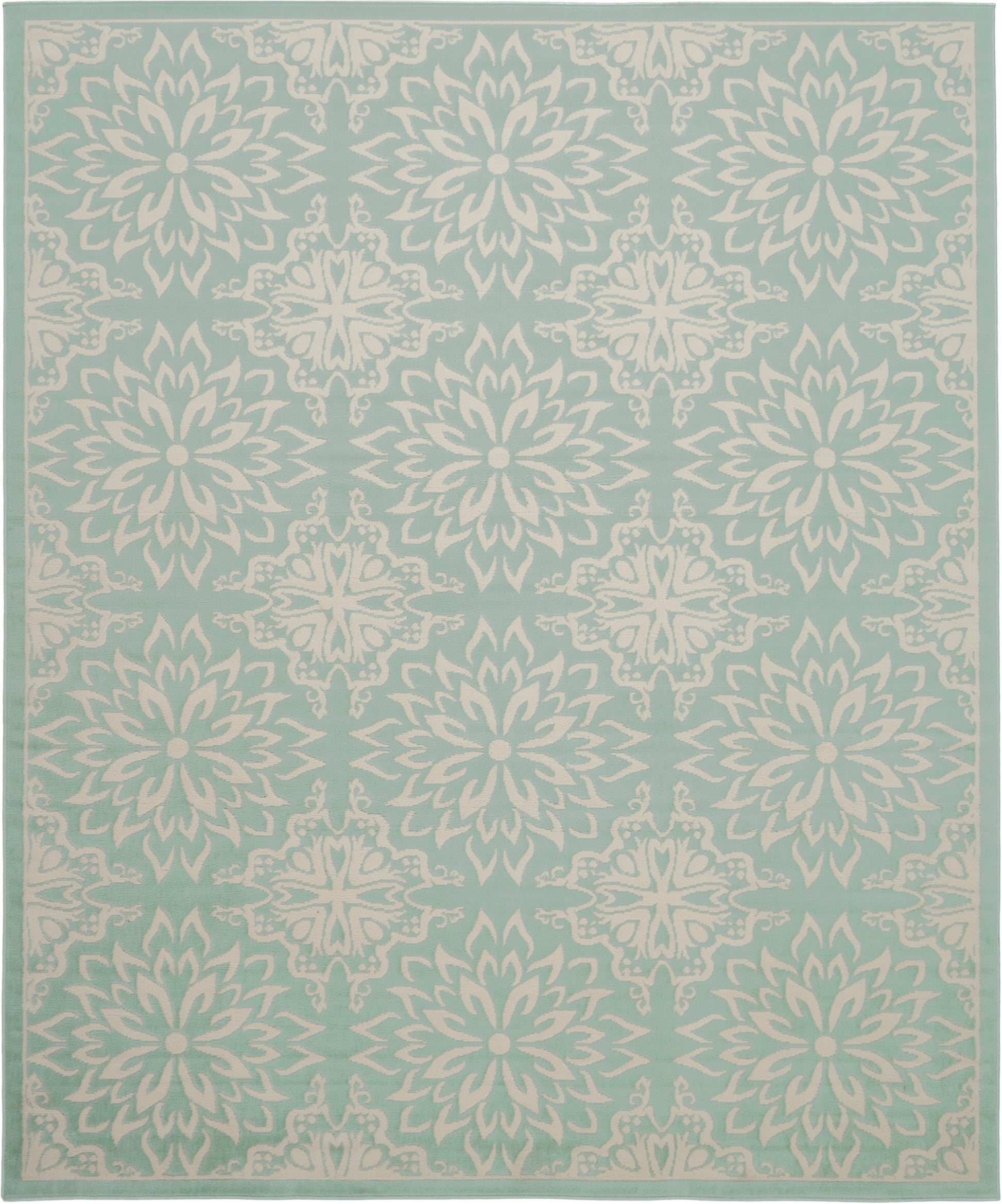 Teal area rug with repeating ivory floral medallions and decorative border.