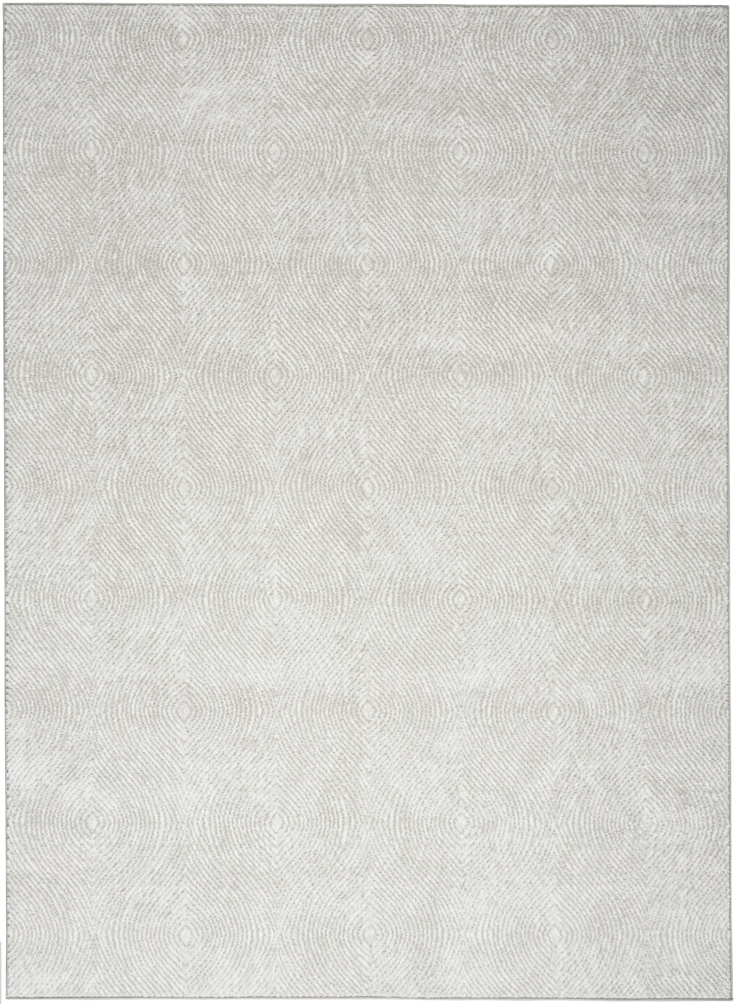 Light grey textured rug with faint circular woven pattern, soft pile, modern floor decor.