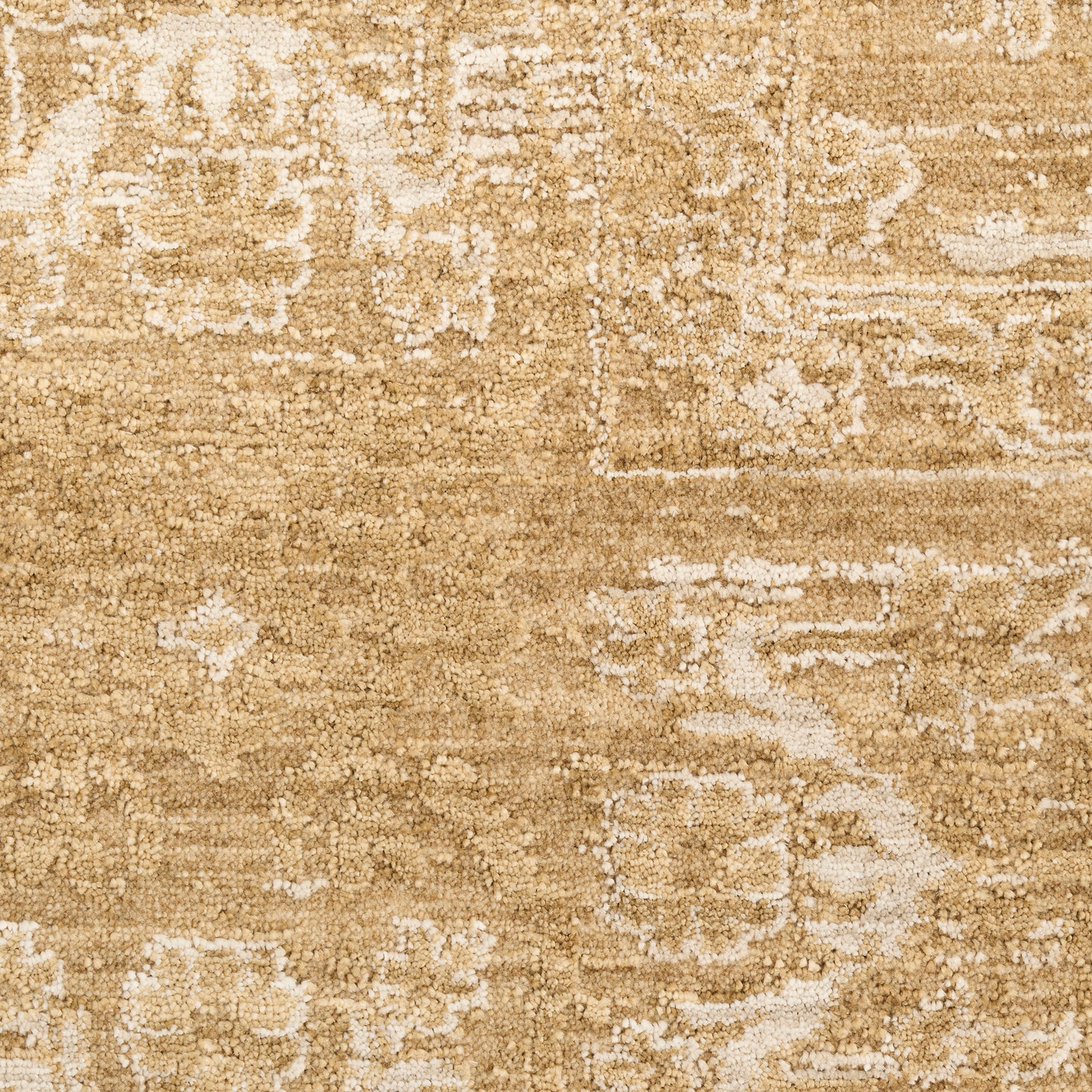 Beige rectangular oriental rug with ivory floral motifs; plush tufted pile, ideal for warm living-room decor.