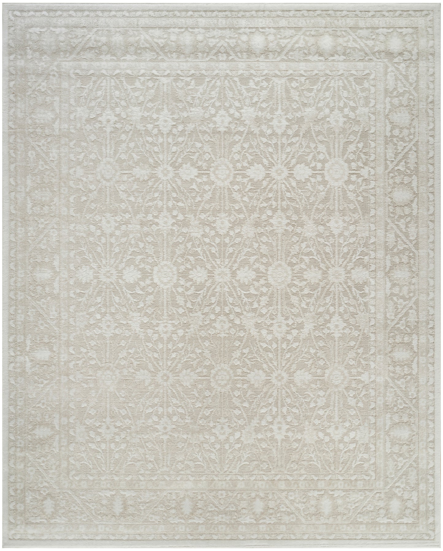 Ivory-toned area rug with subtle distressed floral pattern and decorative border, traditional Persian-inspired style.