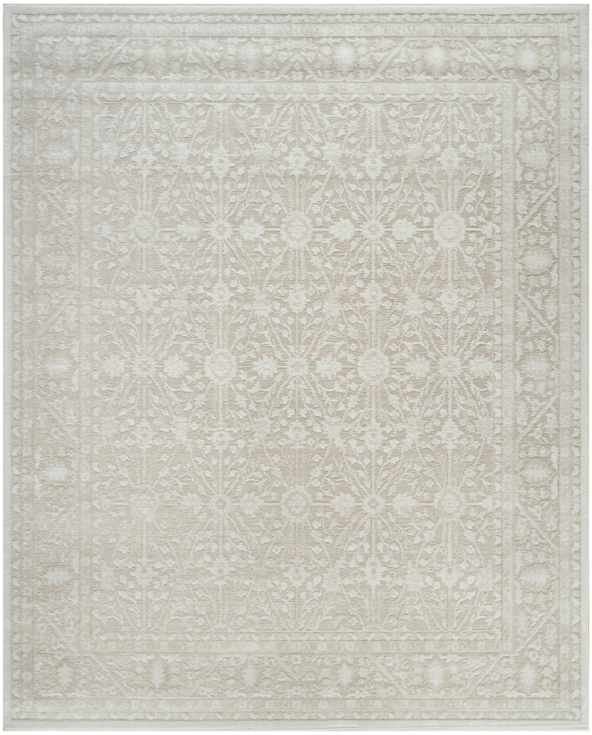 Ivory-toned area rug with subtle distressed floral pattern and decorative border, traditional Persian-inspired style.