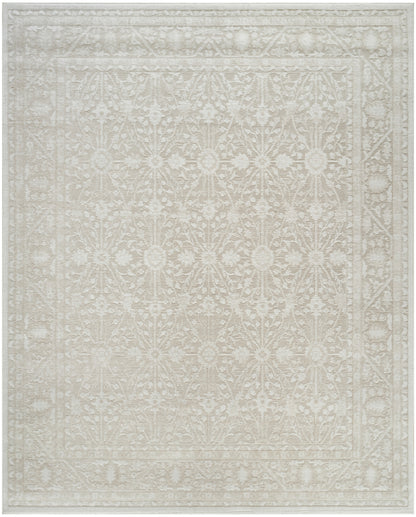 Ivory-toned area rug with subtle distressed floral pattern and decorative border, traditional Persian-inspired style.