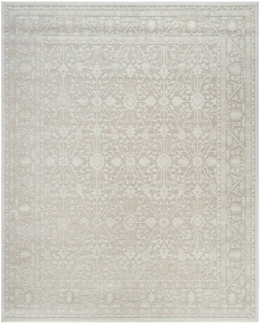 Ivory-toned area rug with subtle distressed floral pattern and decorative border, traditional Persian-inspired style.