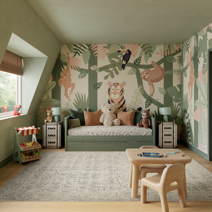 Mint green jungle-themed kids' room with animal wallpaper, a green daybed, plush toys, table & chairs.