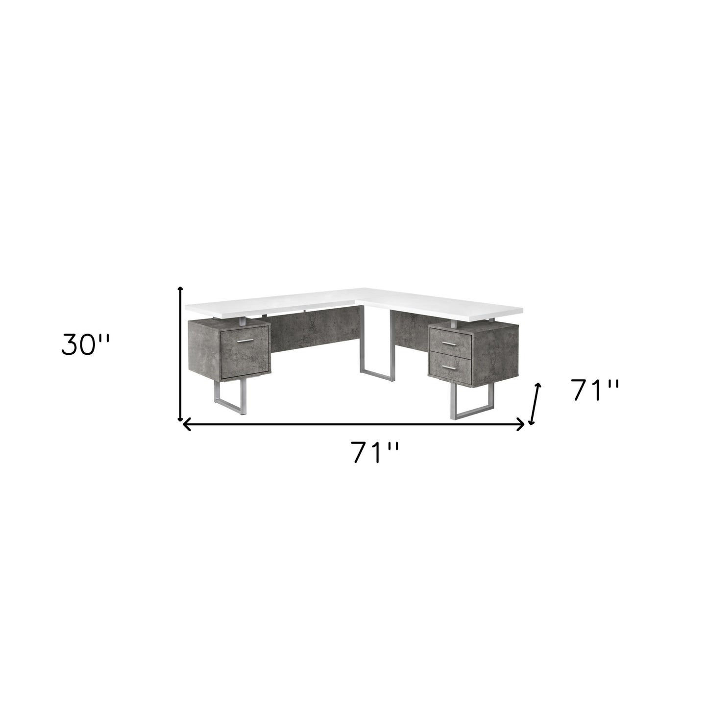 71" White and Gray L Shape Computer Desk With Three Drawers