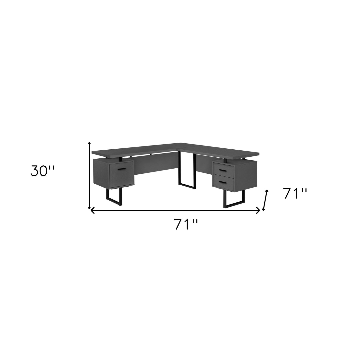 71" Dark Gray and Black L Shape Computer Desk With Three Drawers