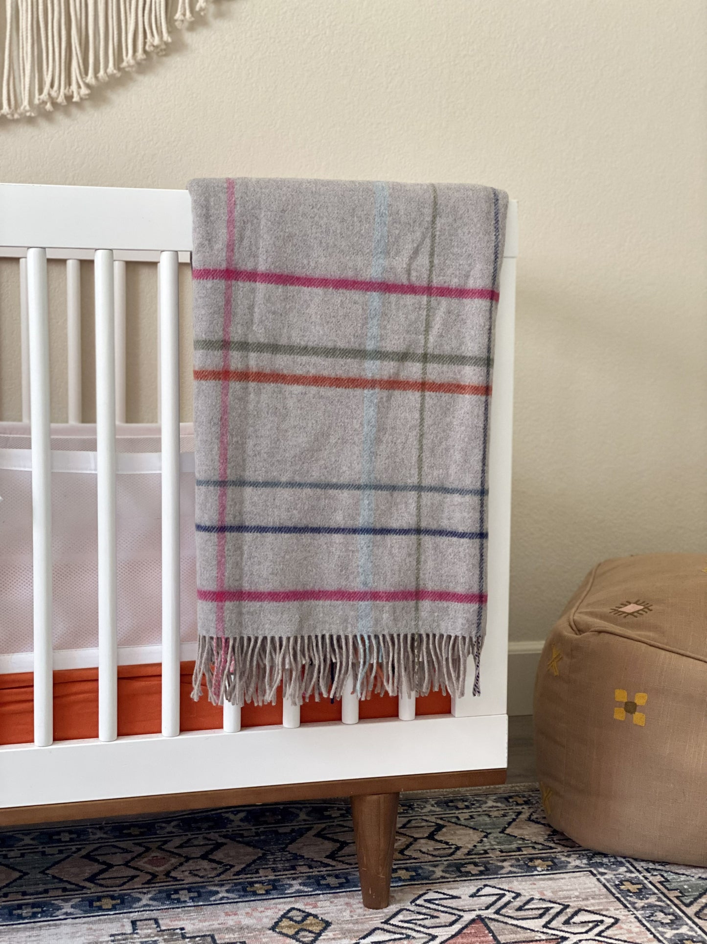 Gray and Blue Woven Lambswool Striped Throw Blanket With Fringe