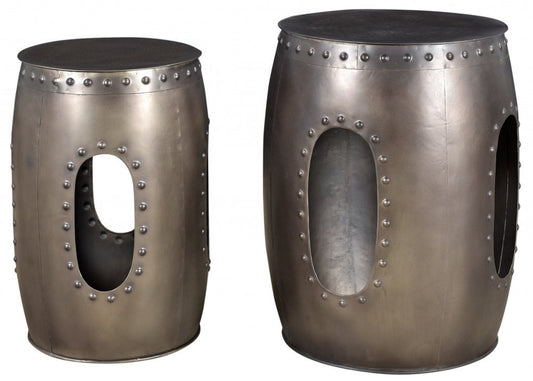 Set of Two Nickel Iron Round Drum End Tables