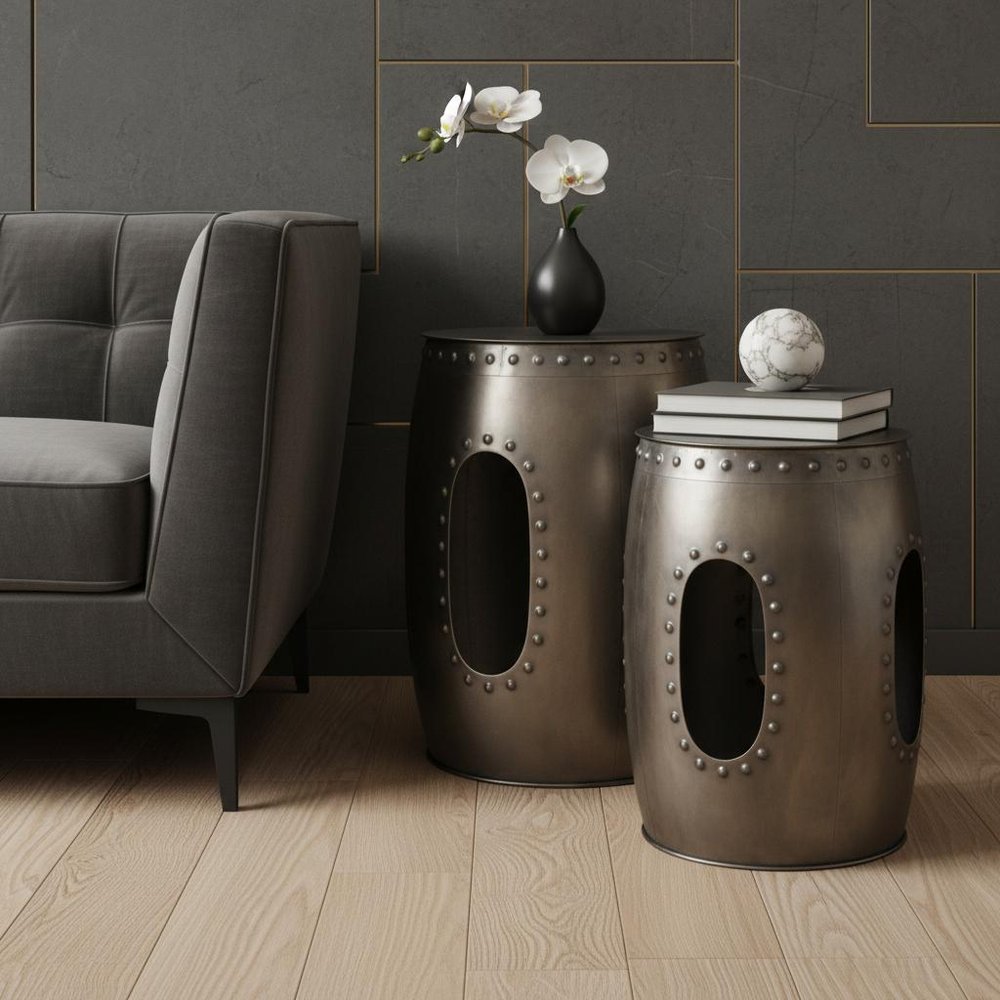 Set of Two Nickel Iron Round Drum End Tables