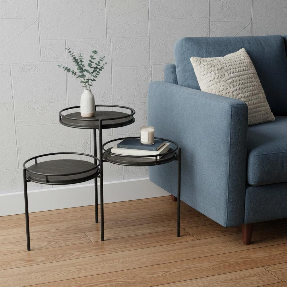 23" Black Solid Wood And Iron Round End Table