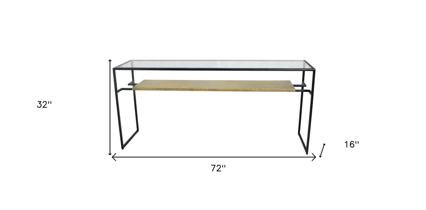 72" Clear Black and Gold Glass Sled Console Table With Shelves