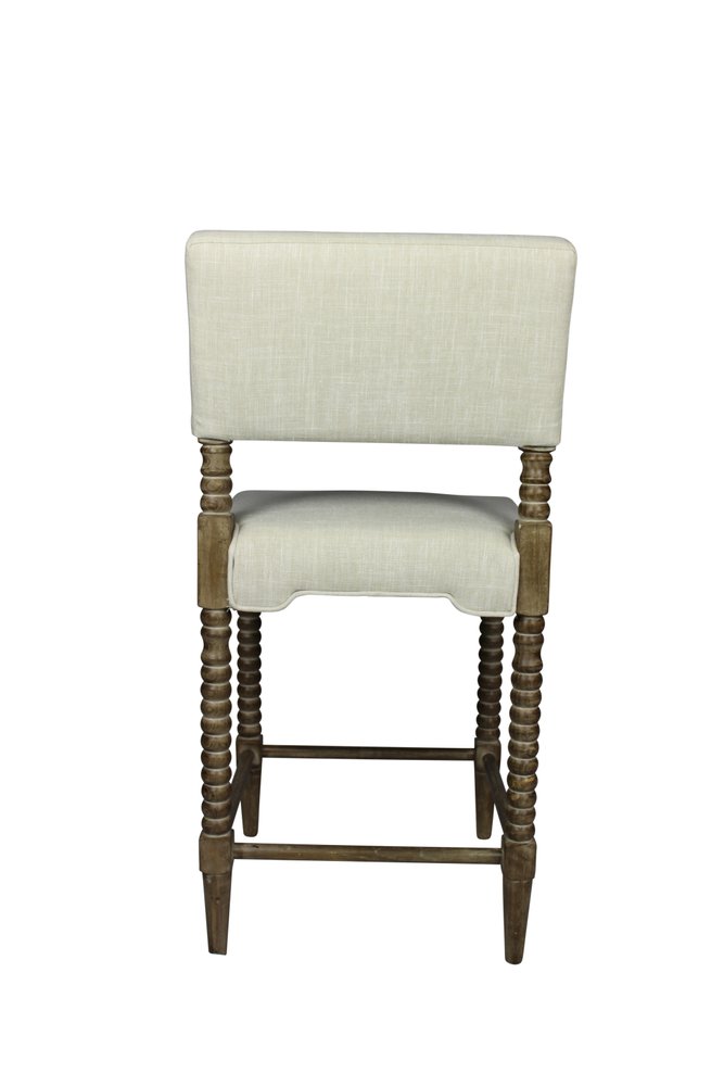 26" Off White And Brown Fabric And Linen And Wood Counter Height Bar Chair