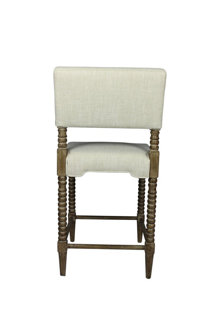 26" Off White And Brown Fabric And Linen And Wood Counter Height Bar Chair