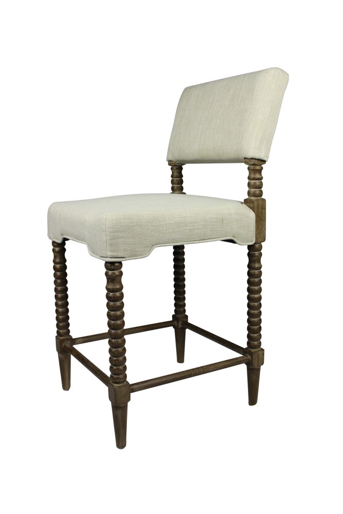 26" Off White And Brown Fabric And Linen And Wood Counter Height Bar Chair