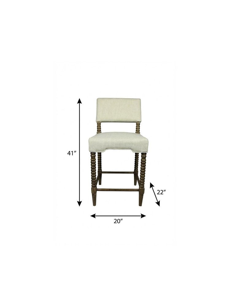 26" Off White And Brown Fabric And Linen And Wood Counter Height Bar Chair