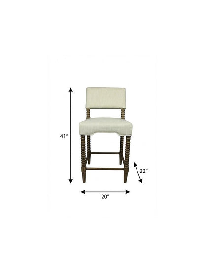 26" Off White And Brown Fabric And Linen And Wood Counter Height Bar Chair