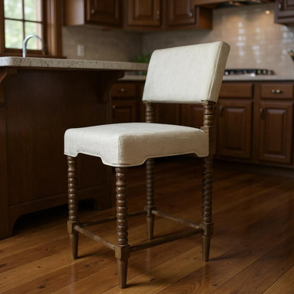 26" Off White And Brown Fabric And Linen And Wood Counter Height Bar Chair
