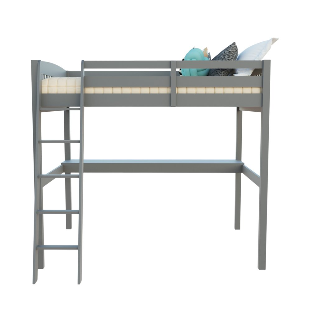 Gray Solid Wood Full Double Size Loft Bed with Desk and Storage