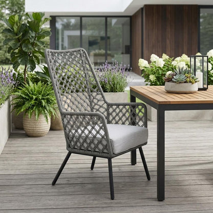 26" Gray and Black Steel Indoor Outdoor Dining Chair with Gray Cushion