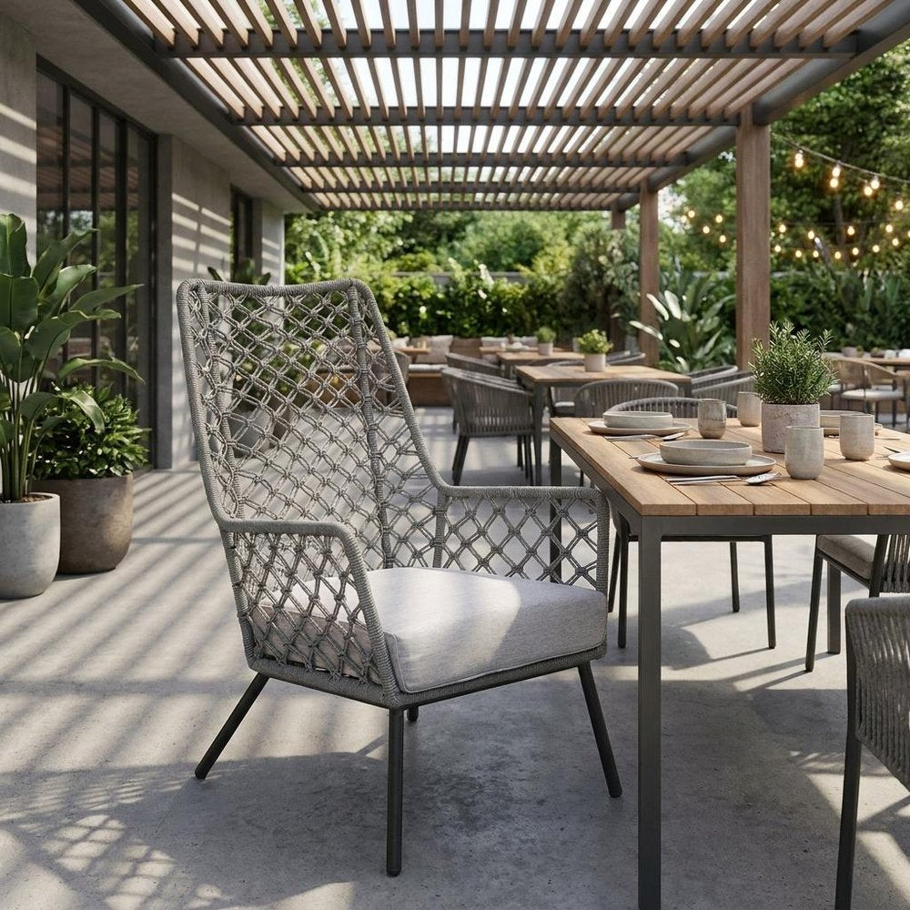 26" Gray and Black Steel Indoor Outdoor Dining Chair with Gray Cushion
