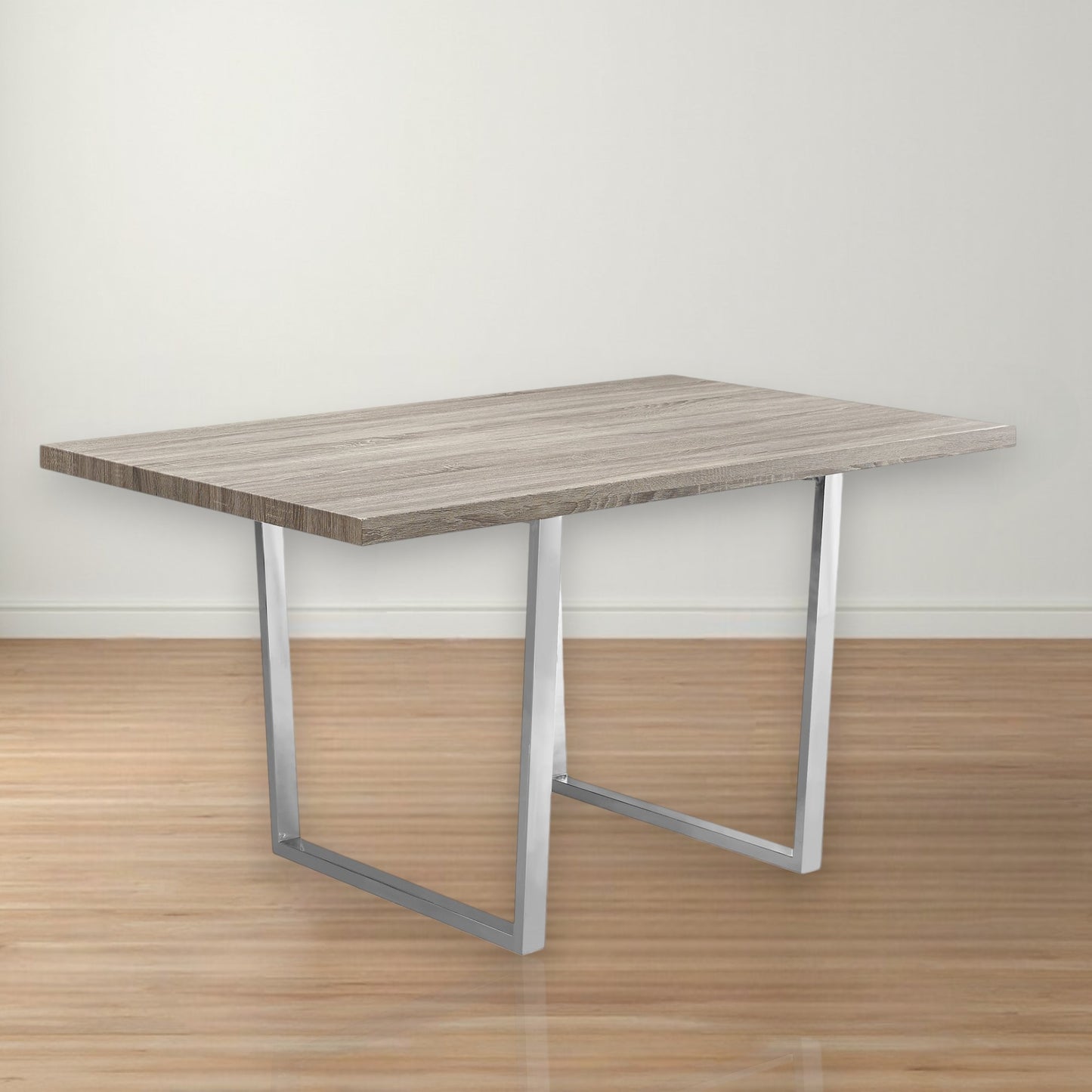 59" Taupe And Silver Solid Wood And Metal Sled Base Dining Table