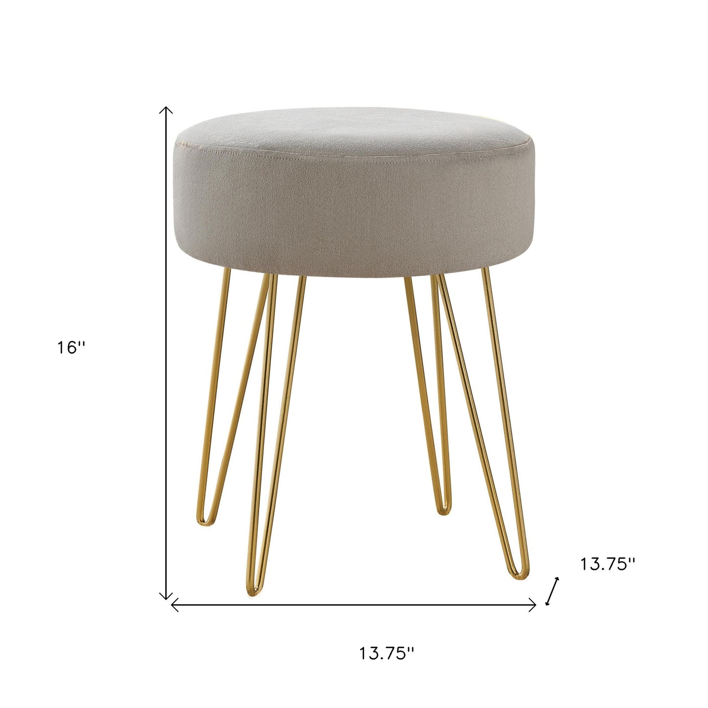 14" Beige Velvet And Gold Round Ottoman