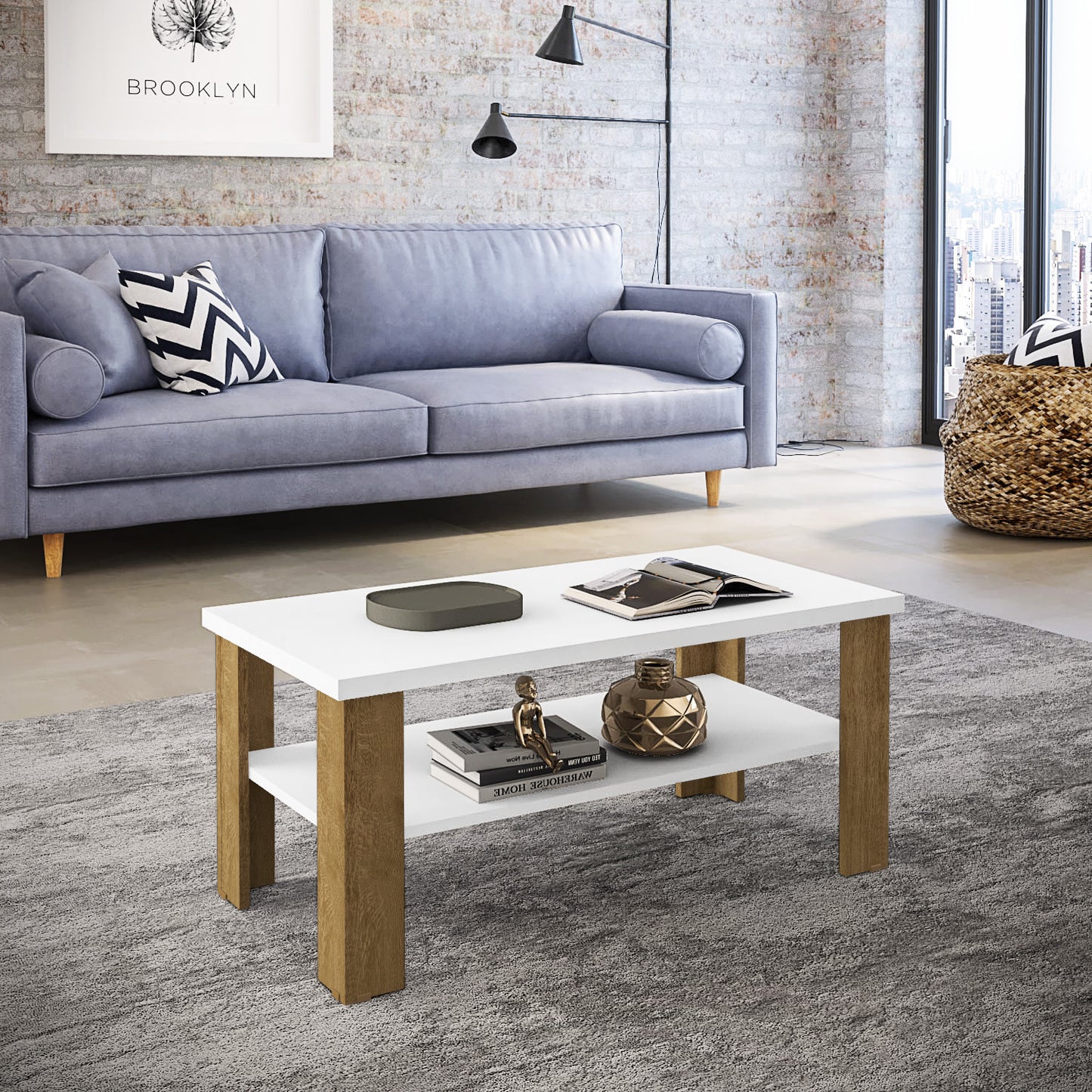 35" White And Natural Coffee Table With Shelf