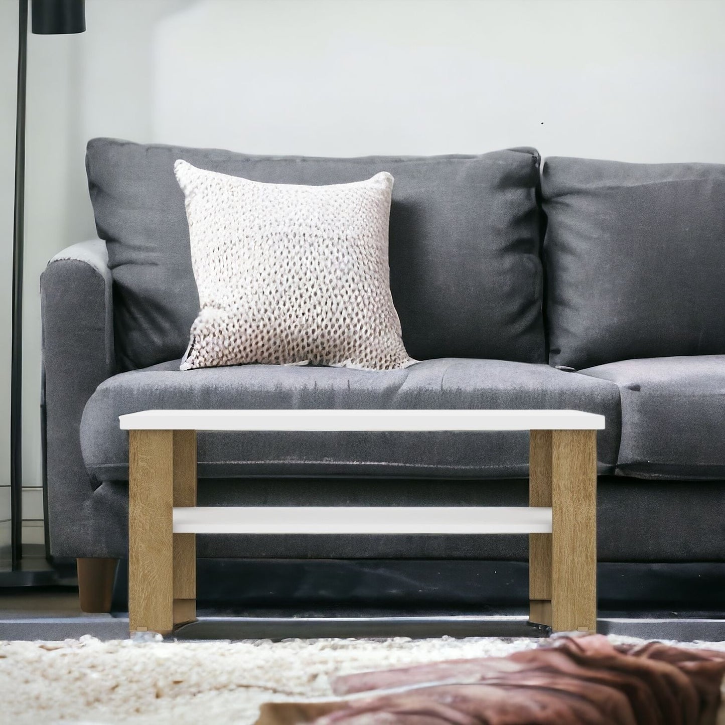 35" White And Natural Coffee Table With Shelf