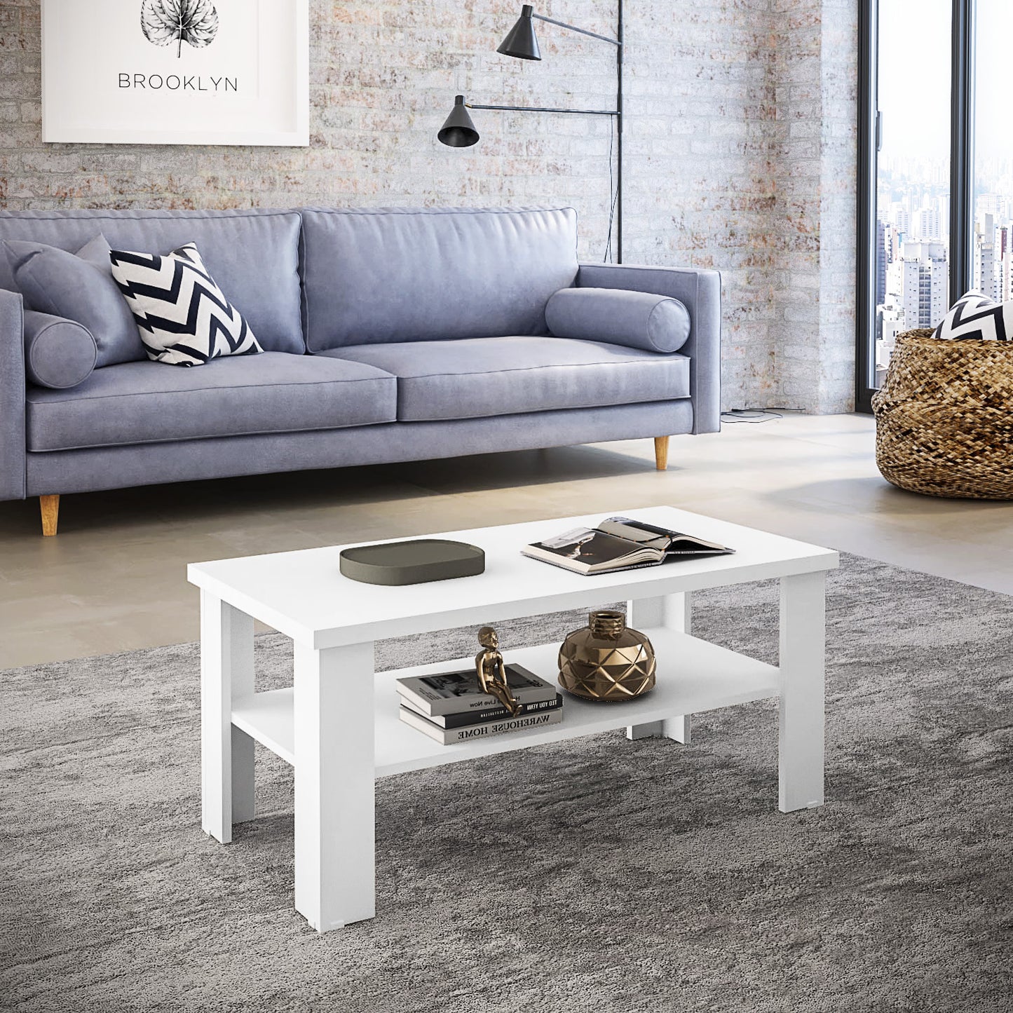 35" White Coffee Table With Shelf