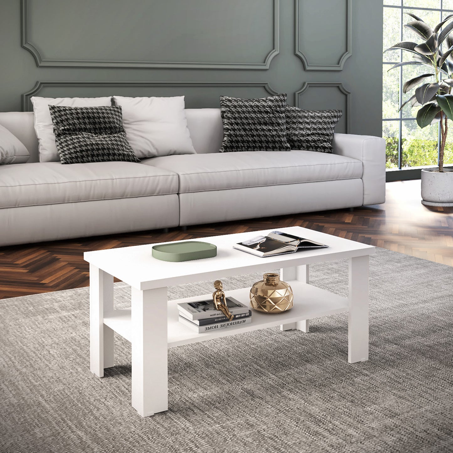 35" White Coffee Table With Shelf