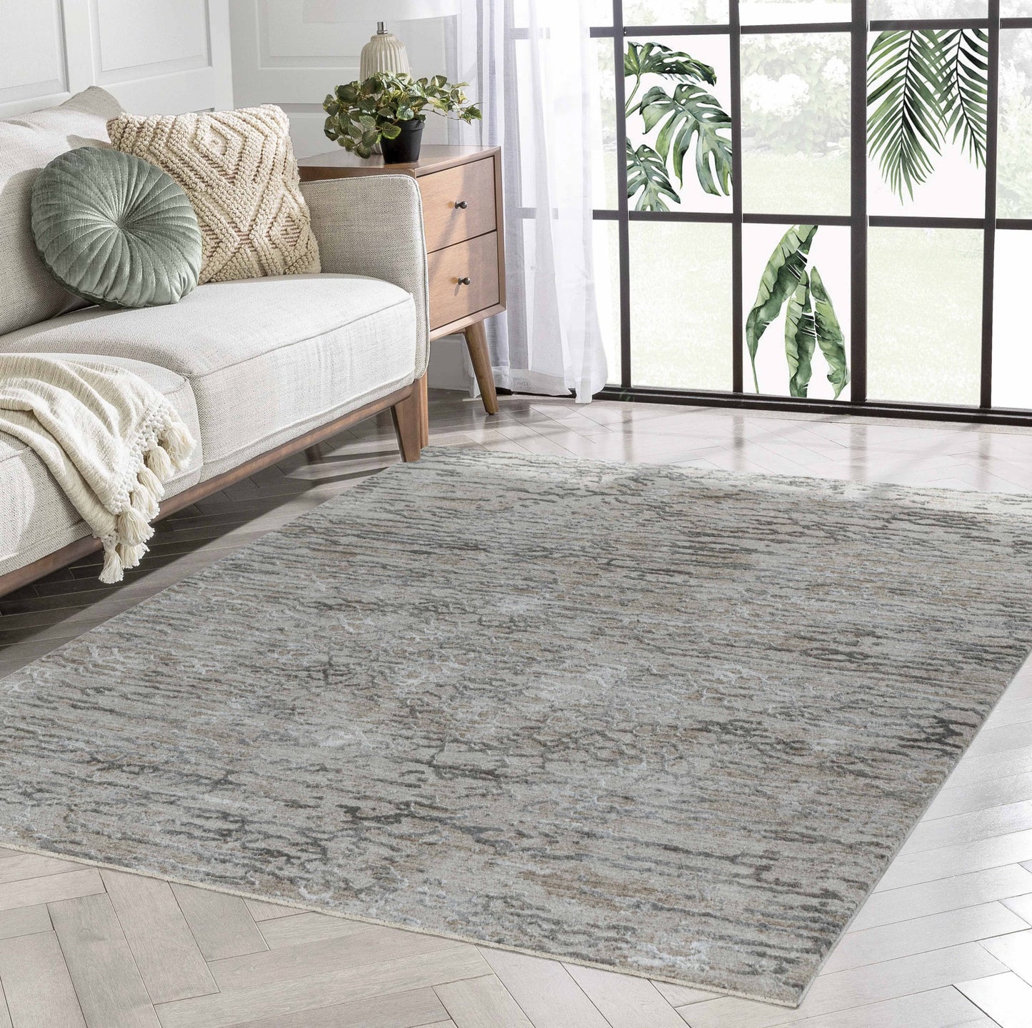 5' X 8' Beige Abstract Stain Resistant Area Rug