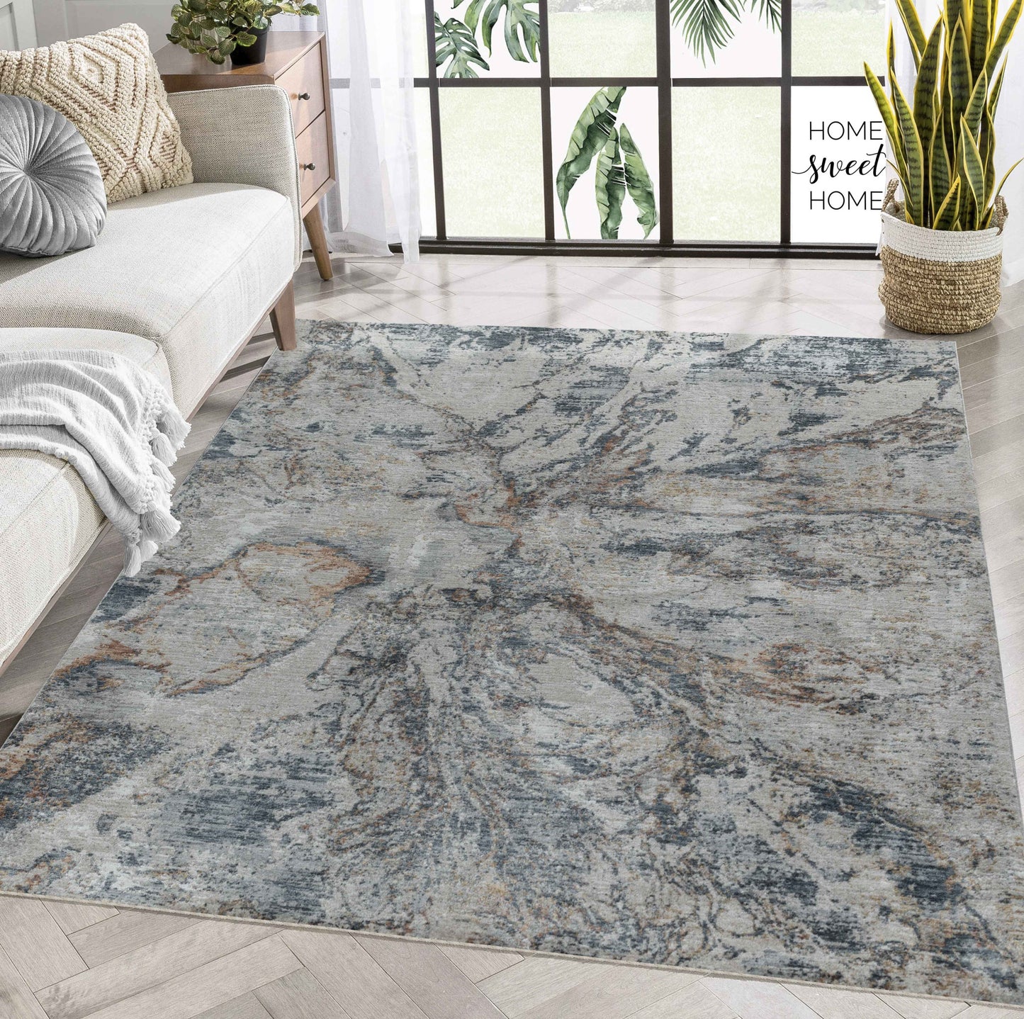 8' X 10' Beige Blue Abstract Power Loom Area Rug