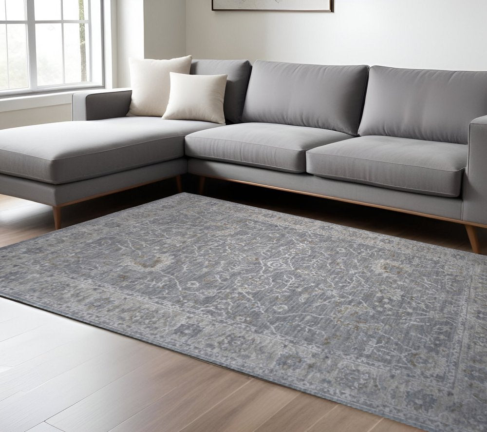 8' X 10'  Blue Gray Southwestern Floral Stain Resistant Area Rug