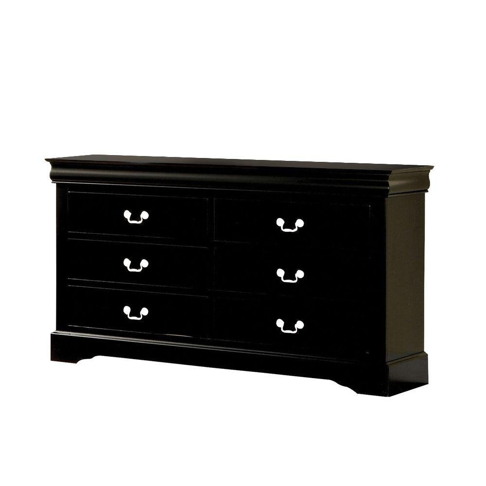60" Black Wood Six Drawer Double Dresser