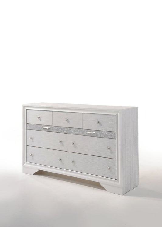 63" White And Silver Faux Crystal Bling Wood Nine Drawer Double Dresser