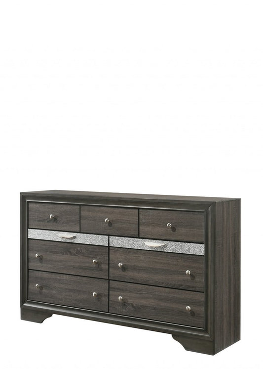 63" Gray And Silver Faux Crystal Bling Wood Nine Drawer Double Dresser