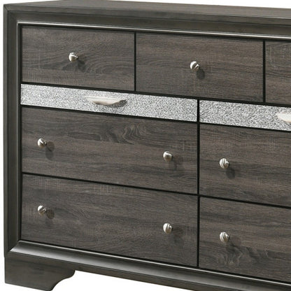 63" Gray And Silver Faux Crystal Bling Wood Nine Drawer Double Dresser