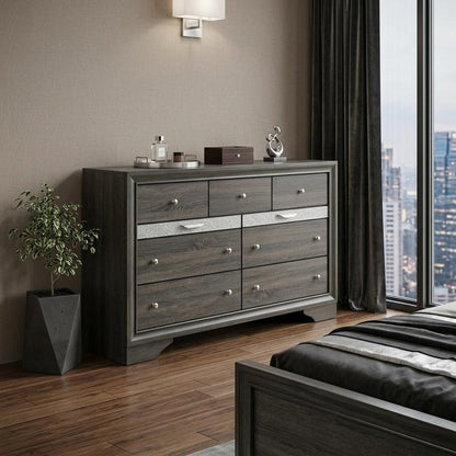 63" Gray And Silver Faux Crystal Bling Wood Nine Drawer Double Dresser