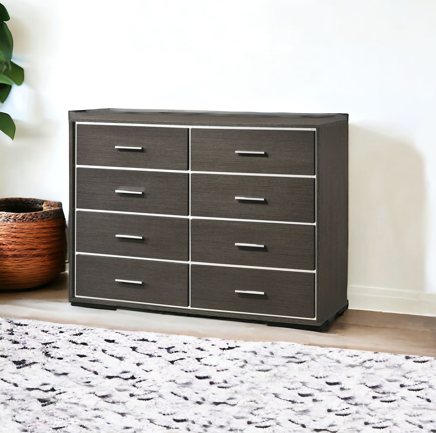 57" Gray Solid and Manufactured Wood Eight Drawer Double Dresser