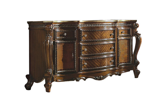 37" Brown Carved Geometric Wood Two Door Five Drawer Combo Dresser