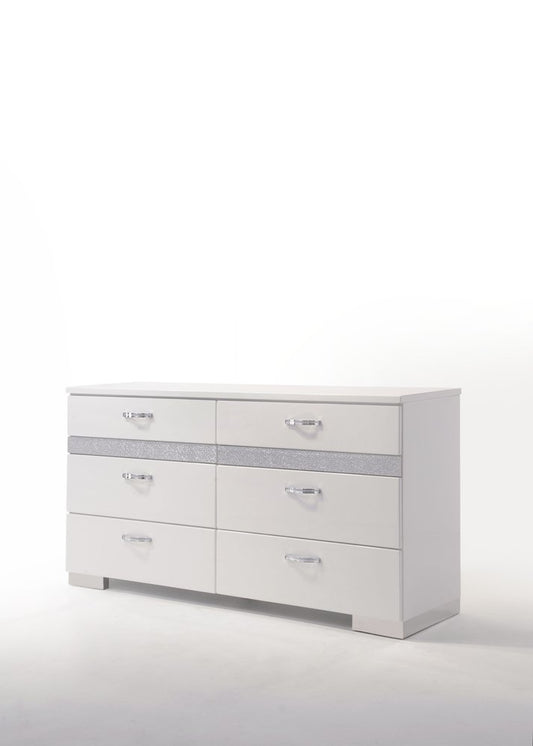 63" White And Silver Faux Crystal Bling Wood Eight Drawer Double Dresser