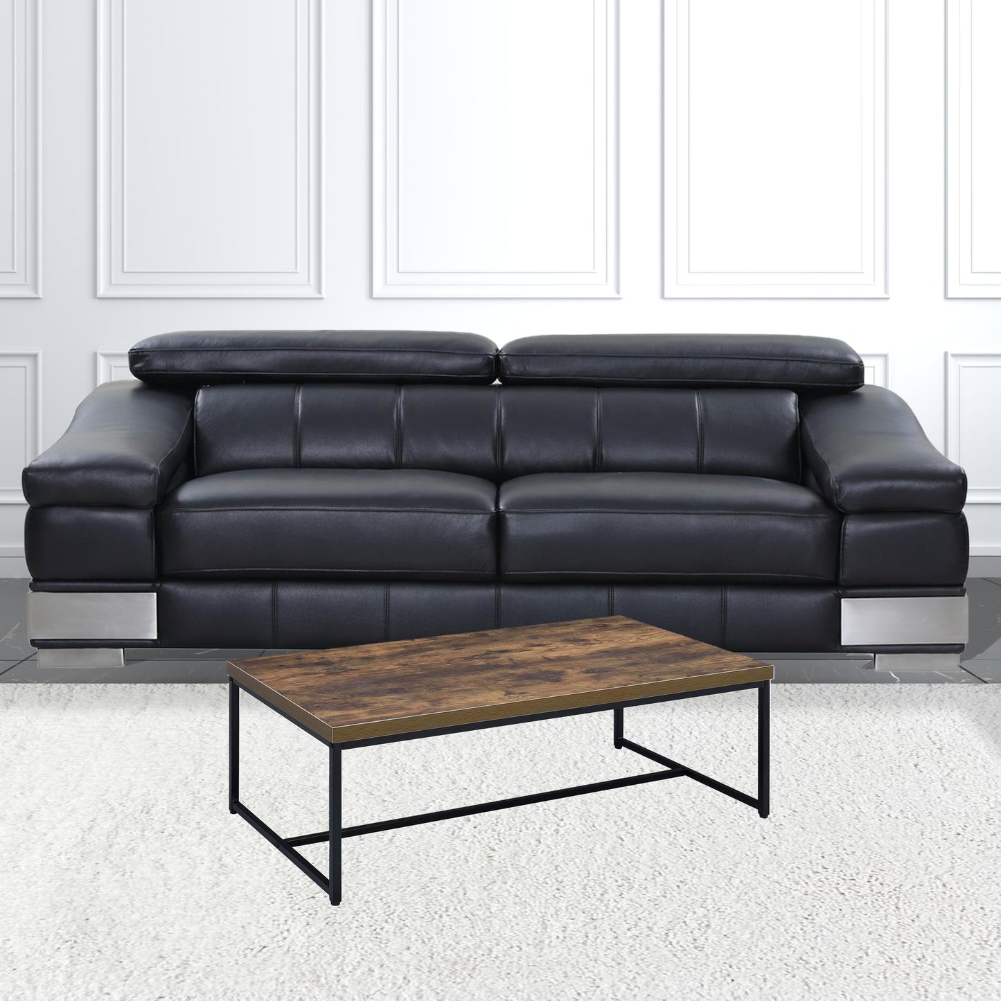 47" Black And Weathered Oak Manufactured Wood And Metal Rectangular Coffee Table