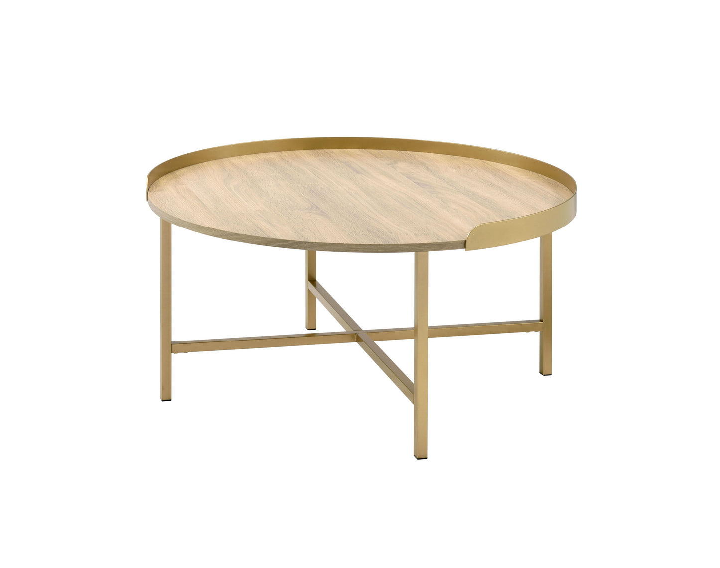 34" Gold And Oak Manufactured Wood And Metal Round Coffee Table