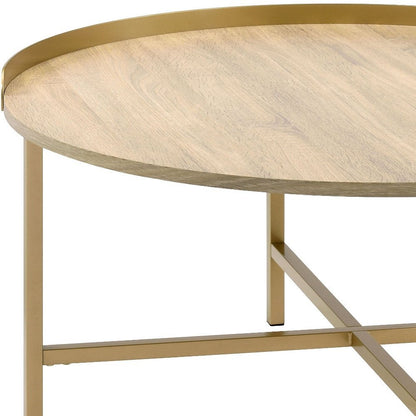 34" Oak and Gold Wood And Metal Round Sled Coffee Table